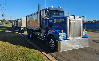 Truck and dogs, semi from Paragalli Haulage Canberra and NSW - Kenworth T908